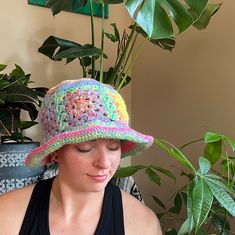 hand crocheted multicolored bucket hat. the slightly floppy brim can be shaped loosely. stretchy and comfy and cute! this hat is a bit oversized, allowing a comfy loose fit. Slouchy Crochet Hat For The Beach, Colorful Adjustable Casual Crochet Hat, Casual Adjustable Colorful Crochet Hat, Casual Colorful Adjustable Crochet Hat, Colorful Adjustable Crochet Hat, Slouchy Summer Beach Hat, Colorful Casual Bucket Hat, Colorful Casual Bucket Sun Hat, Casual Colorful Bucket Sun Hat