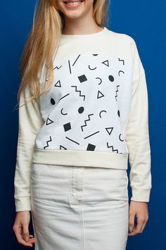 Squiggle white handmade sweatshirt by WilderShores on Etsy White Crew Neck Top With Geometric Pattern, White Geometric Pattern Crew Neck Top, White Relaxed Fit Sweater With Screen Print, White Cotton Sweater With Graphic Print, White Screen Print Sweatshirt For Spring, Spring White Screen Print Sweatshirt, Cream Cotton Sweatshirt With Graphic Print, Modern White Sweatshirt For Fall, Relaxed Fit Cream Sweater With Graphic Print