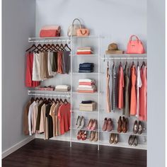 an organized closet with clothes and shoes