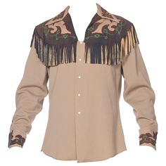 very few tiny spots, no gross soiling, in very condition. 1940S Oyster Grey Wool Gabardine Custom Made Western Shirt With Embroidered Suede Fringe Yoke & Cuffs 1920s Evening Dress, Metallic Crop Top, Disco Shirt, Cowboy Outfits, Western Outfits Women, Western Women, Cowgirl Outfits, Cone Bra, Suede Fringe