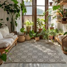 a living room filled with lots of plants and potted plants on top of a rug