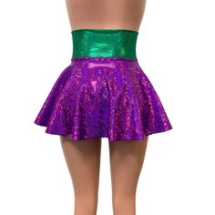 Our newest skirt style! We are in love with this lace-up, open-front mini skirt in purple and green holographic spandex with gold ties/laces. The tie-up front offers an adjustable fit and the skirt is light and airy.This mardi gras corset skirt is perfect for your party or event! The gold holographic cheeky shown in the photo is sold separately in our shop. Club Mini Skirt For Party Season, Stretch Mini Skirt For Club And Party Season, Rave Style Mini Skirt For Night Out, Purple Mini Skirt For Party, Fitted Mini Skirt For Party Season, Rave Skirt For Costume Party, Spring Party Rave Skirt, Spring Rave Party Skirt, Rave Skirt For Spring Party