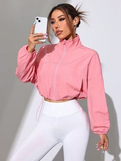 Women's Solid Color Drawstring Hem Woven Sport Jacket Pink   Long Sleeve Fabric Plain  Slight Stretch  Women Activewear, size features are:Bust: ,Length: ,Sleeve Length: Rose Jacket, Sports Jackets Women, Sports Jackets, Sport Jacket, Printed Sleeveless Top, Women Sports, Pink Outfit, Sports Jacket, Outdoor Woman