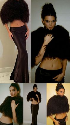 several different pictures of women in black clothing and fur stoles, with one woman wearing a