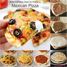 the steps to make mexican pizza are shown in this collage with different toppings