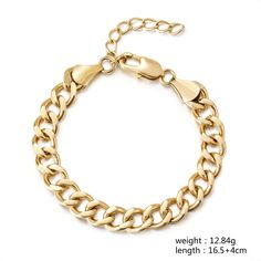 This classic link chain bracelet is 18K gold plated on durable stainless steel. An elegant and timeless option, the link chain bracelet is perfect for everyday wear. Classic Cuban Link Chain Bracelet For Everyday, Elegant Chunky Cuban Link Chain Bracelet, Elegant Bracelet With Chunky Cuban Link Chain, Classic Metal Bracelet With Chunky Chain, Classic Metal Chain Bracelet With Adjustable Chain, Classic Cuban Link Bracelet With Chunky Chain For Everyday, Metal Cuban Link Bracelet With Oval Links, Classic Chunky Chain Metal Bracelets, Classic Metal Charm Bracelet With Solid Links