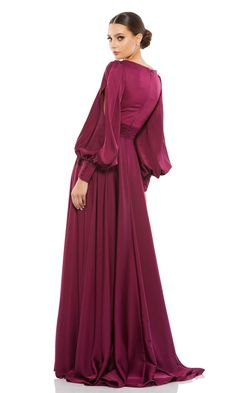 V-neck split sleeve long formal a-line Mac Duggal dress Long Flowing Skirts, Flowy Gown, Charmeuse Fabric, Floor Length Prom Dresses, Unique Prom Dresses, Satin Long Sleeve, Chiffon Fashion, Designer Prom Dresses, Prom Designs