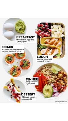 an image of different foods that include eggs and vegetables in the middle of each plate