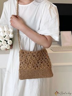 BirdinBag - Woven Hollow Out Shoulder Bag - Versatile and Stylish for Casual Beach and Leisure Party Models, Womens Bag, Straw Handbags, Handbags Fashion, Woven Bag, Bag Bag, Handmade Knitting, Color Khaki, Fashion Handbags