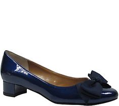 These ladylike pumps from J. Renee are fashioned with a faux patent upper and a pretty fabric bow. The low heel means you can dance the night away in comfort. From J. Renee. Formal Low Heel Court Shoes With Bow, Formal Court Shoes With Bow And Low Heel, Formal Bow Patent Leather Heels, Formal Patent Leather Heels With Bow, Pumping Tips, Navy Pumps, Low Heel Pumps, Low Heel Shoes, Pretty Fabric