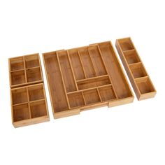 three wooden trays with compartments on each side