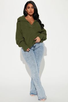 Available In Hunter And Oatmeal. Pullover Sweater Rib Knit Exaggerated Collar V Neck Long Sleeve Balloon Sleeve 100% Polyester Imported | Cozy Rib Knit Collar Polo Sweater in Hunter size 2X by Fashion Nova Fall Outfit Baddie, Baddie Winter Fits Casual, Mom Casual Outfits Fall, Off Shoulder Sweater Aesthetic, Winter Looks For Women Casual, Winter Ootd Women, Sweat Shirt Outfits With Jeans, V Neck Sweater Outfit Aesthetic, Open Knit Sweater Outfit