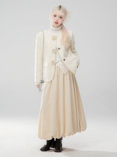 ❤︎Almond yellow loose slim jacquard A-line bub skirt❤︎ Feminine Beige Skirt For Fall, Cream Lined Skirt For Fall, Cream Pleated Skirt For Fall, Cream Flowy Skirt For Fall, Winter Cream Lined Skirt, Elegant Yellow Skirt For Workwear, Winter Beige Flowy Skirt, Cream Midi Skirt For Fall, Fall Cream Midi Skirt