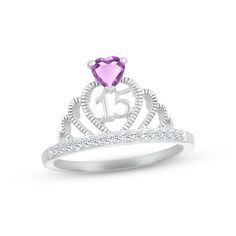 Make her feel majestic on her special day with this sparkly crown ring crafted in sterling silver. A heart-shaped amethyst – the birthstone of February – shines atop the design. The number 15 gleams inside the heart-shaped center, while a line of white lab-created sapphires shimmer on the band to finish the look. Number 15, Crown Ring, Ring Sterling Silver, Birthstone, A Line, Emerald, Amethyst, Sapphire, Crown