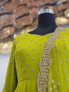 Parrot Green Chiffon Anarkali Set - Trendroots Green Georgette Anarkali Set With Intricate Embroidery, Parrot Green Anarkali Dresses, Green Anarkali Embroidered Dress, Anarkali Style Green Embroidered Fabric, Parrot Green Kurti Combination, Parrot Green Blouse Design, Fitted Green Embroidered Anarkali Dress, Green Anarkali Dress, Chiffon Anarkali