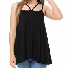 Flared Top With Strap Detail Color: Black 95%Rayon 5%Spandex Hand Wash, Hang Dry Made In Usa Small 0-4 Medium 6-8 Large 10-12 X-Large 12-14 Flared Top, Flare Top, Black Flare, Tops Black, Wholesale Clothing, Workout Tops, Tank Top Fashion, Made In Usa, Hand Wash