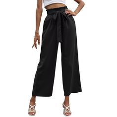 Black High Waist Cropped Pants with Tie Black Pants With Elastic Waistband For Spring, Spring Black Pants With Elastic Waistband, Black Straight Pants For Day Out, High Waist Black Belted Bottoms, Casual Black Belted Bottoms, Casual Belted Pants For Day Out, Black High-waist Wide Leg Pants For Day Out, Black Belted High Waist Wide Leg Pants, High Waist Black Pants For Spring