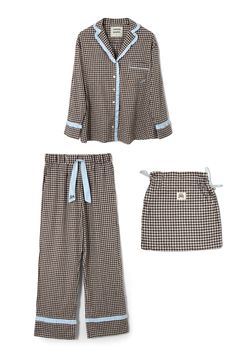 Our Antonia pyjama set, redesigned in brown gingham with baby blue trims. Made from 100% organic cotton, offering maximum cosiness with minimal impact. • Top and bottoms • Matching bag included • Matching eye mask available • Button-down front • Chest pocket • Elasticated waist with functional tie • 100% organic cotton • Designed in London MODEL INFO: Model is 5'10 and is wearing a UK 8. Pajama Ideas, Brown Gingham, Pijamas Women, London Models, Cute Pjs, Cute Pajama Sets, Checked Scarf, Hooded Scarf, Fire Fits