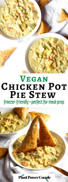 vegan chicken pot pie stew is served in white bowls with pita bread on the side