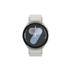 a smart watch with a white band and blue numbers on the face, against a white background