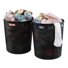 two black baskets with stuffed animals in them