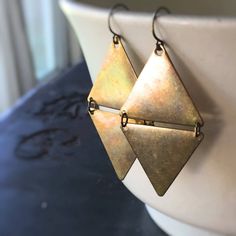 Cairo Raw Brass Double Triangle Earrings on Brass Ear Wires - Mod and Trendy Geometric Chic Adjustable Geometric Minimalist Earrings, Adjustable Minimalist Geometric Earrings, Geometric Metal Earrings With Ear Wire, Geometric Metal Earrings For Everyday, Triangle Gold Metal Earrings, Gold Triangle Metal Earrings, Gold Triangle Minimalist Earrings, Minimalist Gold Triangle Earrings, Nickel-free Geometric Brass Earrings