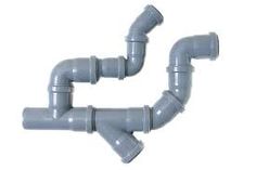 two gray plastic pipes are shown in this image, one is bent to the side