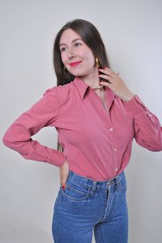 "Women vintage pink long sleeve casual blouse, Size M Welcome to TARASCOMMON.ETSY.COM Unique clothing from the 20th century. Model tall - 170cm M. 38 - size on the tag. Sleeve - 50cm / 19.68inch; ( armpit to end of sleeve); Width - 43cm / 16.92inch; Length - 60cm / 23.62inch. All measurements are taken seam to seam while lying flat. This item is vintage, so it can have some defects. Additional photos can be send We are glad that you are interested in lots that we sell. Wish you a good shopping! Pink Long Sleeve Cotton Blouse, Pink Long Sleeve Feminine Top, Feminine Pink Long Sleeve Top, Elegant Long Sleeve Pink Shirt, Elegant Pink Long Sleeve Shirt, Pink Long Sleeve Shirt For Work, Elegant Long Sleeve Pink Blouse, Elegant Pink Long Sleeve Blouse, Feminine Long Sleeve Cotton Shirt