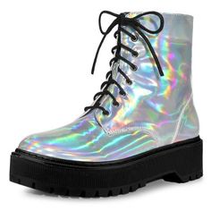 These colorful combat boots features round toe, lace up decor, zipper closure.  Designed to fashion and cool style to any look, this style goes great with both jeans and shorts. Platform Ankle Boots; Side Zipper Closure; Platform; Round Toe; Vamp: Faux Leather; Outsole: TPE; Heel: TPE; Heel Height: 1 7/9 inches; Shape Height: 5 1/2 inches; Platform Height: 1 3/8 inches. Heel Combat Boots, Platform Combat Boots, Shoes Boots Ankle, Closed Toe Shoes, Faux Leather Heels, Wedge Ankle Boots, Block Heel Shoes, Platform Heels Chunky, Platform Ankle Boots