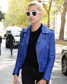 Hailey Baldwin Jacket 2022 Trendy Blue Leather Jacket With Zipper Closure, Trendy Blue Leather Jacket With Zipper, Blue Trendy Leather Jacket For Spring, Trendy Blue Biker Jacket With Long Sleeves, Casual Blue Long Sleeve Biker Jacket, Trendy Blue Long Sleeve Biker Jacket, Winter Blue Leather Jacket With Pockets, Blue Leather Jacket With Pockets For Fall, Blue Leather Jacket For Spring