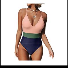 Design: Adjustable Cross Back Straps, Color Block Design. About Cup Style: Shelf Bra With Padded Cups Brand New Size S Casual Pink V-neck Swimwear, Summer Stretch Color Block Bodysuit, Pink Beachy Swimwear For Summer, Trendy Green Bodysuit For The Beach, Casual One-piece Color Block Swimwear, Trendy V-neck Bodysuit For Vacation, Pink One-piece Swimwear For Summer, Summer Pink Color Block Bodysuit, Pink Lined Swimwear For Summer