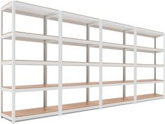 an empty white shelving unit with wooden shelves on each side and one shelf below it