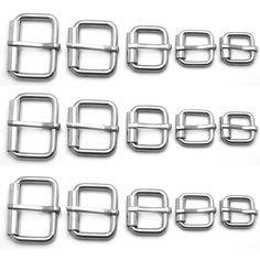 six pairs of metal buckles are shown in different sizes and shapes, each with a square