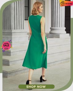 Work Sleeveless Crew Neck Plain A-line Midi Dress Flattering Sleeveless Dresses In Solid Color, Flattering Solid Color A-line Dress, Spring A-line Midi Dress For Work, Spring Workwear A-line Midi Dress, Chic A-line Sleeveless Dress For Spring, Chic Green Sleeveless Maxi Dress, Elegant Green A-line Sleeveless Dress, Casual Fit And Flare Sleeveless Dress, A-line Sleeveless Dress For Work