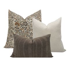 This set of three pillow covers offers a neutral palette. This designer pillow set has an earthy, natural feel that will make your space feel like home. Select pillows in this combo are block printed by artisans in India.  Due to the material being handmade, slight imperfections and variations are considered normal and make this fabric unique.  All covers are handcrafted and sewn, so slight variations and pattern placement may vary from photos. (1)   22 x 22  Naomi Pillow Cover (2)  20 x 20  Wya Organic Couch, Checkered Pillow, Designer Pillow Covers, Pillow Combo, Basement Furniture, Pillow Combos, Adult Bedroom, Brown Pillows, Neutral Bedroom