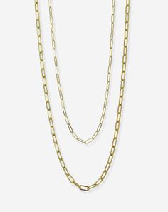 The most classic necklace! Choose from 2 styles of 14K gold filled necklaces that are extremely tarnish resistant. 17in long - can be clasped anywhere. Nickel and lead free. Save $15 when you purchase as a set. 14k Gold-filled Oval Link Necklaces, Gold Long Single Strand Necklace, Classic Double Strand Gold Necklace, Classic Gold-tone Brass Necklaces, Classic Everyday Jewelry With Paperclip Chain, Classic Single Strand Jewelry For Everyday, Classic Gold Double Strand Necklace, Classic Chain Necklace For Layering, Classic Gold Brass Necklace