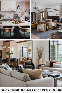 four different rooms with couches, chairs and tables in them are featured for an article on cozy home ideas for every room