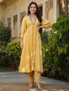 Yellow Muslin Printed Kota Hand Embroidered Kurta Pant Set A Line Kurti Designs, A Line Kurti, Kurta Patterns, Kurta Pant Set, Simple Kurta Designs, Embroidery Print, Designer Kurti Patterns, Printed Palazzo Pants, Kurti Patterns