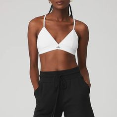 Splendor Bra - White/Black | Alo Yoga Alo Yoga Sport Bras, Oversized Crop Top, We Rock, Lighting Logo, Band Logo, Yoga Sports Bra, Woman Back, Delicate Design, Street Design