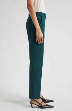 Refresh your wardrobe with straight-leg pants cut from a comfortable stretch-cotton blend. Zip fly with hook-and-bar closure Front slant pockets; back welt pocket 56% cotton, 40% viscose, 4% elastane Dry clean Imported Green Pants With Welt Pockets And Straight Hem, Straight Silhouette Pants With Belt Loops, Work Pants With Side Pockets And Straight Hem, Straight Five Pocket Bottoms For Workwear, Classic Green Bottoms With Straight Hem, Green Straight Hem Pants For Work, Fitted Work Pants With Side Pockets And Straight Hem, Green Chinos For Work, Straight Silhouette Cotton Bottoms With Five Pockets