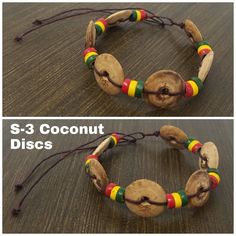 two pictures showing the same bracelet made out of coconuts and other items that have been beaded together