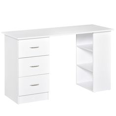 a white desk with three drawers and shelves on it's sides, against a white background