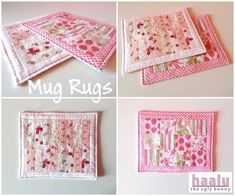 four different pictures of pink and white placemats with flower designs on the edges