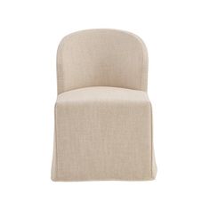 an upholstered chair with a beige fabric back and seat, viewed from the side