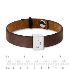 He'll wear this handwiring or photo leather bracelet proudly - a unique and sentimental accessory with personalized design just for him. Fashioned in sterling silver This style showcases a rectangle-shaped accent with a photo or handwritten message - provided by you - expertly transferred using modern technology. Your selection of black or brown leather completes the look. This 8.5-inch bracelet secures with a push-through button and buckle clasp. Please follow these steps: 1) Place your order; 2) Text your photo or your handwriting directly from your smartphone to (972) 483-2900; and 3) When prompted, please respond with your Order Confirmation #. Standard text messaging rates may apply. Rectangular Leather Jewelry With Engraving, Rectangular Leather Engraved Jewelry, Casual Leather Jewelry As Gift, Adjustable Engraved Leather Jewelry, Everyday Engraved Brown Leather Bracelet, Everyday Engraved Leather Jewelry, Everyday Leather Jewelry With Engraving Option, Everyday Brown Engraved Leather Bracelet, Adjustable Engraved Leather Bracelet