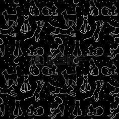 black and white cat silhouettes on a dark background seamless wallpaper, with space for text