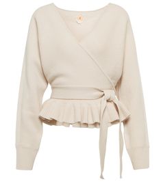 This wrap cardigan from Jardin des Orangers is finished with a feminine ruffled peplum. Made from wool and cashmere, it has a self-tie belt that cinches the waist. Soft Dramatic, Closet Wardrobe, Cashmere Outfits, Bows Diy, Cashmere Dress, Beige Cardigan, Diy Ribbon, Closet Space, Wrap Cardigan