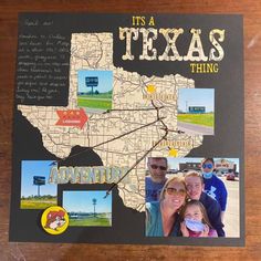 a family is posing for a picture in front of a map with the words it's a texas thing