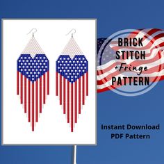 the american flag heart earrings pattern is hanging from a pole with an american flag in the background