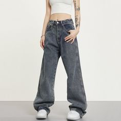 5ft 4''(166cm) tall, 95 lbs(43kg) weight and wearing a size M - DARK BLUE- Wide straight fit- Drape style- Denim High Waist Denim Blue Flare Jeans For Streetwear, High Waist Dark Wash Jeans For Streetwear, Dark Wash High Waist Jeans For Streetwear, Dark Wash High Waist Baggy Jeans, Baggy Mid-rise Rigid Denim Jeans, Baggy High-rise Dark Wash Jeans, Baggy High Rise Dark Wash Jeans, High Rise Baggy Dark Wash Jeans, Baggy Dark Wash Full Length Jeans